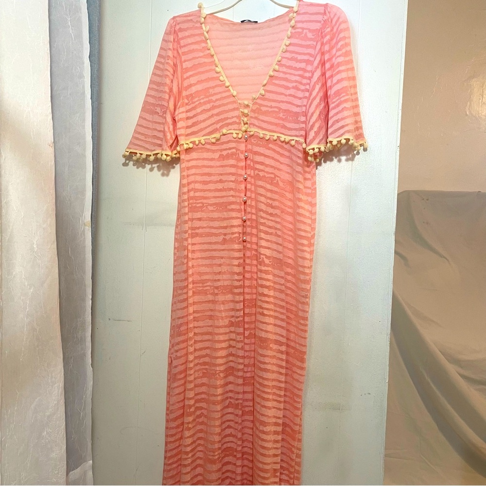 Boho, See Through Swim Coverup Maxi Dress Kimono Fits Medium To Large